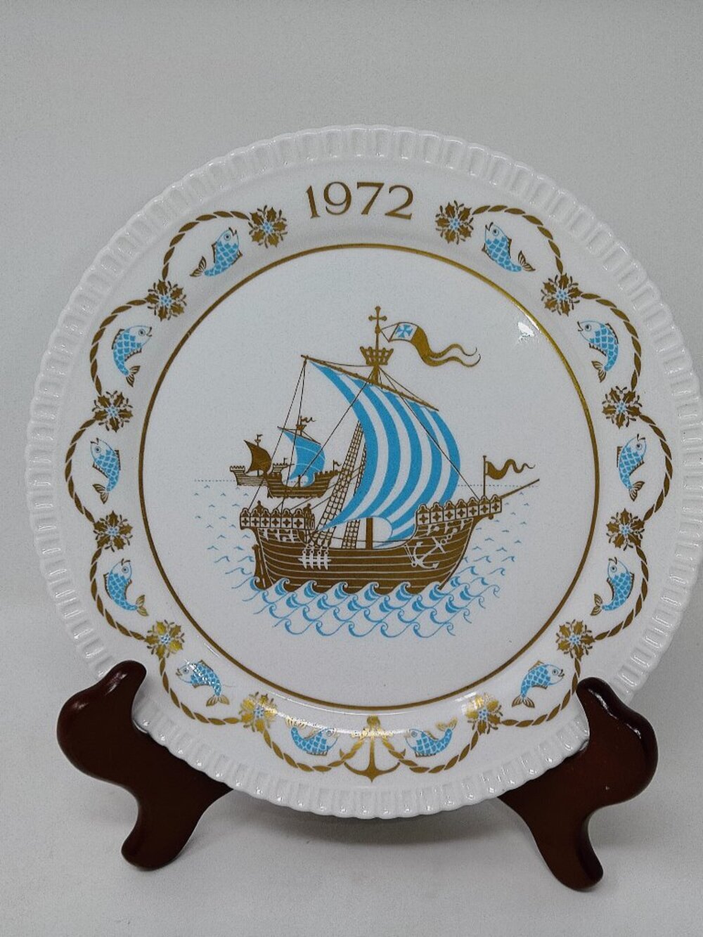 Vintage Spode 1972 Decorative Plate with Blue and Gold Ship Motif